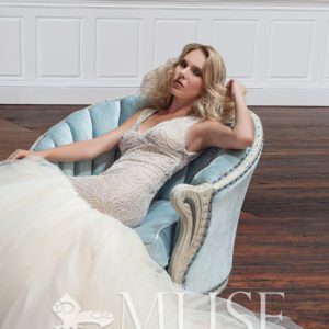 Modern Trousseau Lake Wedding Dress - Mermaid style dress with French bordered lace bodice, V-neckline and dramatic flowing back.