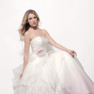 Modern Trousseau Laurel Wedding Dress Sample Sale - Ballgown style dress in silk organza with ruffle pink ombre, sweetheart neckline and draped bodice.