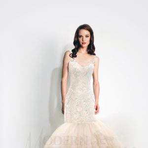Modern Trousseau Rain Wedding Dress - Mermaid French lace embellished with delicate sequined lace on a fitted silk with deep V-back.