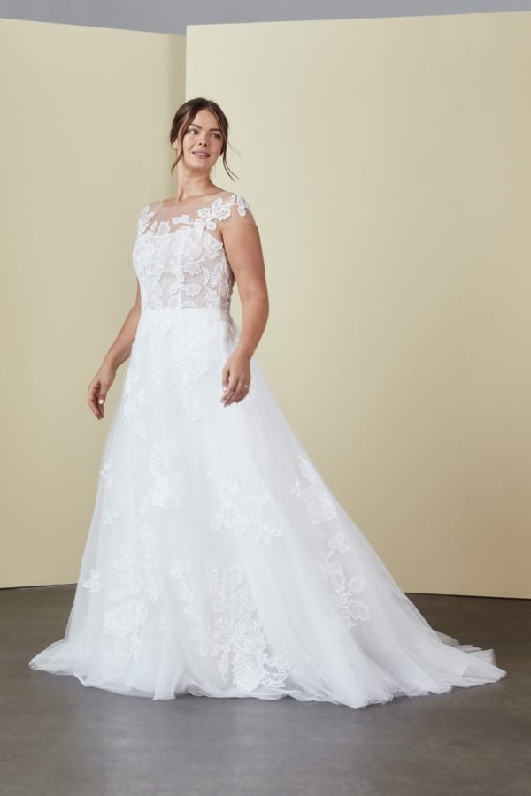 Amsale Aberra Miranda Wedding Dress Sample Sale - Tulle ballgown with hand applique embellished lace and illusion neckline and cap sleeves.