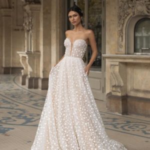 Pronovias Hopkins Wedding Dress - A Line dress in soft flower-embroidered tulle with a strapless deep sweetheart neckline and a court train.