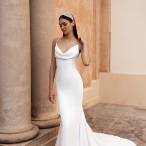 Pronovias Antiope Wedding Dress - Crepe minimalist fit and flare gown with thin straps, a fitted waist and loose cowl draping down the back.