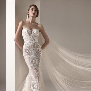 Pronovias Zaha Wedding Dress - Mermaid dress with a semi illusion fabric, a sweetheart neckline, allover lace fitted bodice and train.