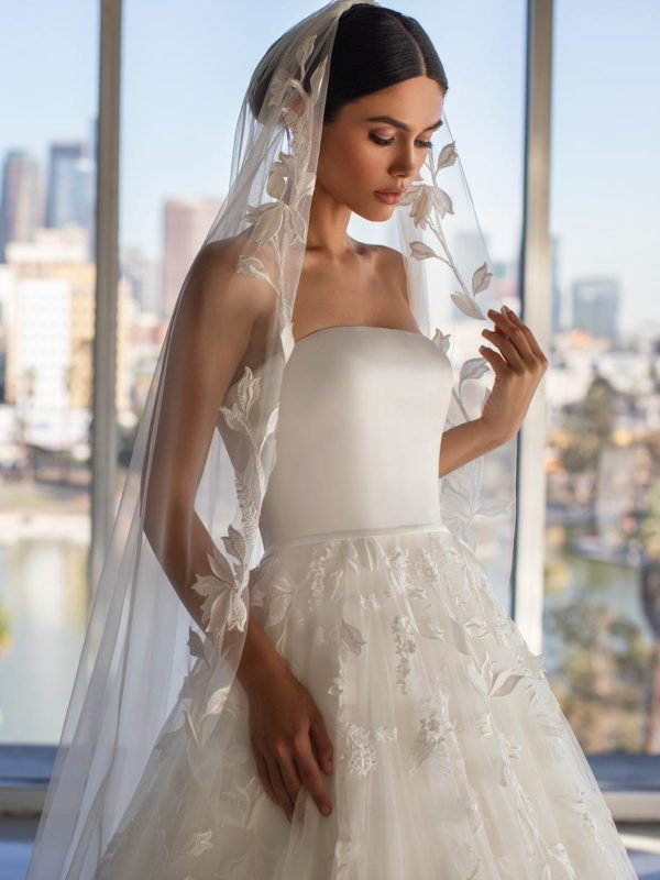 Pronovias Grayson Wedding Dress Sample Sale - A Line with layers of floating chiffon on skirt, strapless neckline, embroidered appliqués and fitted bodice.