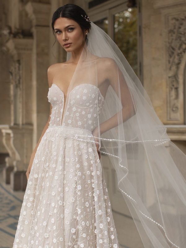 Pronovias Hopkins Wedding Dress - A Line dress in soft flower-embroidered tulle with a strapless deep sweetheart neckline and a court train.
