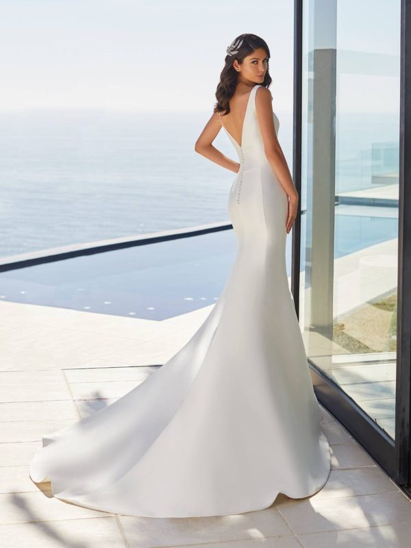 Pronovias June Wedding Dress - Sleek Mikado mermaid cut featuring a squared neckline, low back and a dramatic flared chapel train with covered buttons.