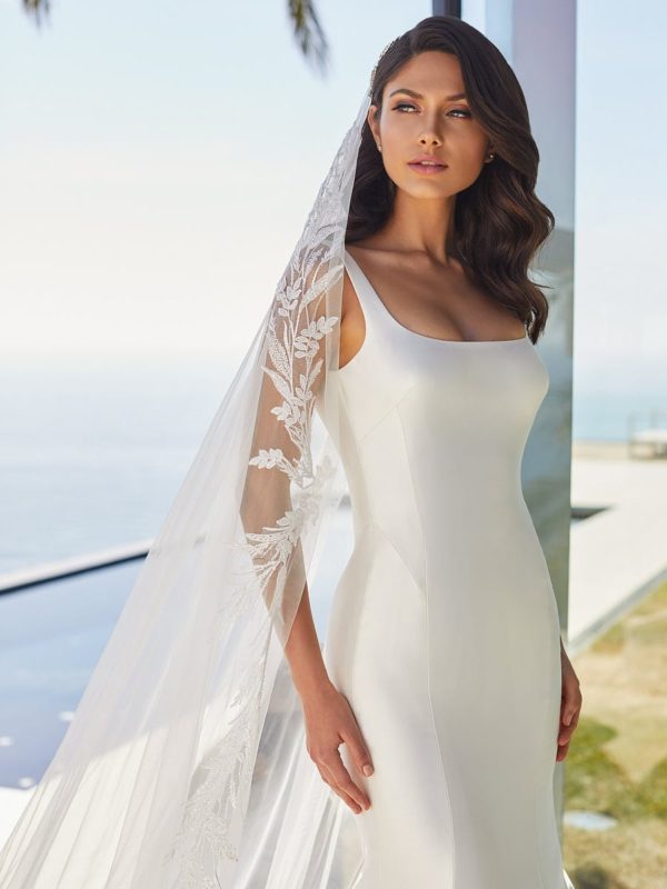 Pronovias June Wedding Dress - Sleek Mikado mermaid cut featuring a squared neckline, low back and a dramatic flared chapel train with covered buttons.