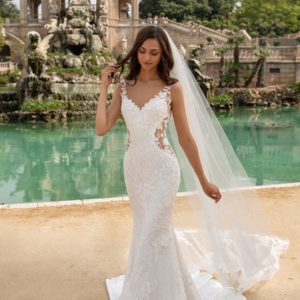 Pronovias Morocco Wedding Dress Sample Sale - Mermaid silhouette dress with illusion paneling, embroidery over lace, v-neckline, low open back and train.
