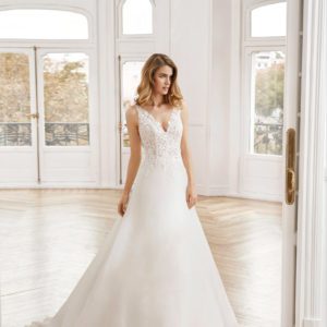 Rosa Clara Collection Nut Wedding Dress - A Line v-neckline dress with delicate light beads on lace and an organza skirt.