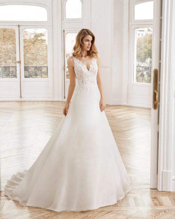 Rosa Clara Collection Nut Wedding Dress - A Line v-neckline dress with delicate light beads on lace and an organza skirt.