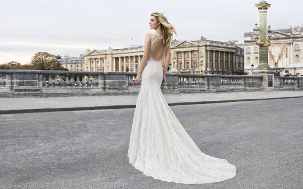 Rosa Clara Aire Elle Wedding Dress -  Fit & Flare V-neckline with Chantilly lace and open back.  