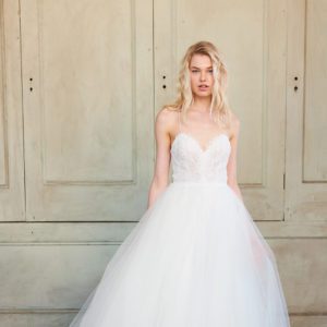 Christos Adelynn T397 Wedding Dress Sample Sale - Chantilly lace and tulle ball gown, with delicate lace scallops, a sweetheart neckline and a sheer racerback.