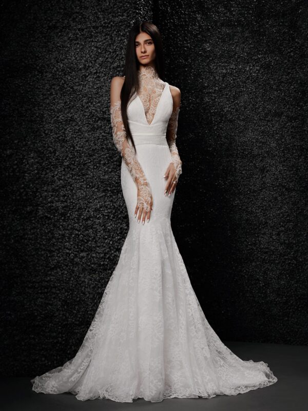 Vera Wang x Pronovias Frania Wedding Dress - Gorgeous Off White Mermaid dress with delicate lace detailing, fitted bodice and deep v-neckline.
