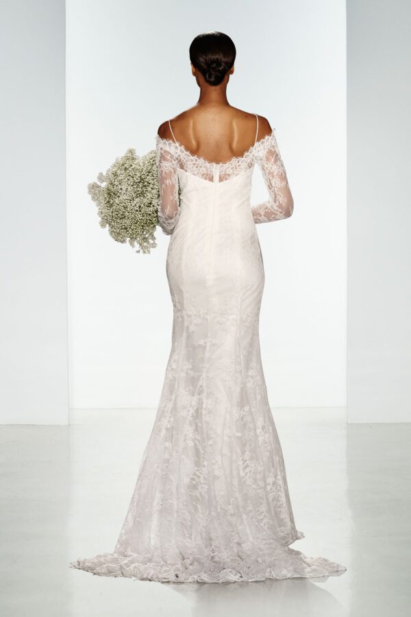 Christos Tilly Wedding Dress - Stunning off the shoulder, long sleeve wedding dress with thin straps and classic corded lace.