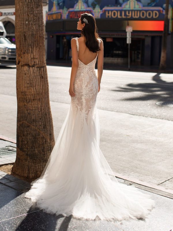 Pronovias Mansfield Wedding Dress Sample Sale - Sheath dress with tulle and semi-transparent lace featuring a plunge v-neckline and open back.