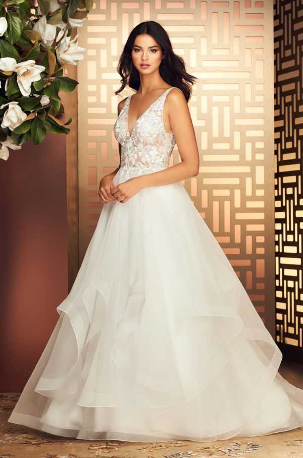 Paloma Blanca 4880 Wedding Dress - Ball gown style dress with embroidery, chantilly lace, V-neckline lined in Nude Italian Tulle, and low V-back.