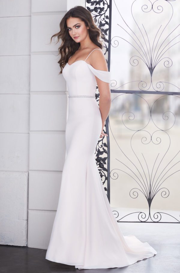 Paloma Blanca 4854 Wedding Dress - Fit and flare with modified sweetheart neckline, spaghetti straps, and draped sleeves. Includes beaded belt.