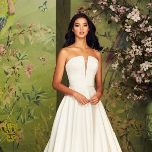 Paloma Blanca 4888 Wedding Dress - A Line strapless Satin dress with plunging notched neckline and full circle skirt with pockets and silk Ribbon detail.