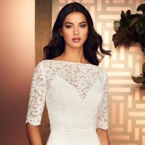 Paloma Blanca 4897 Wedding Dress - Fit and flare silhouette dress in satin and lace with eloquent V-neckline and spaghetti straps.