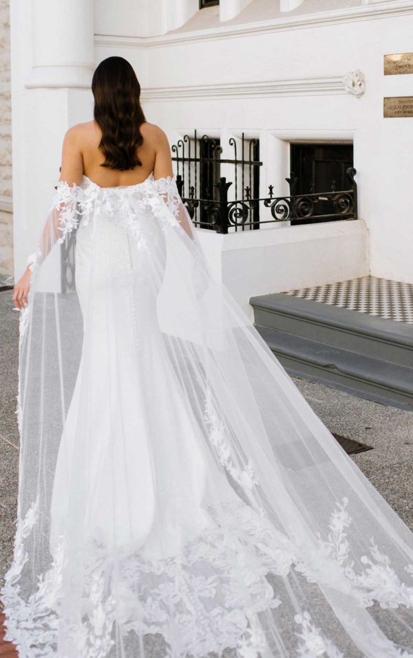 Martina Liana 1362 Wedding Dress - Sheath style dress with lace patterns, plunging neckline and scalloped hem. Beautiful detachable train.