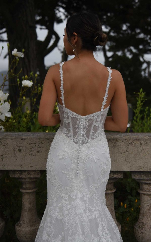 Martina Liana 1384 Wedding Dress Sample Sale - Fit and flare style with sweetheart neckline, see-through corset bodice, thin straps and 3d appliqués.