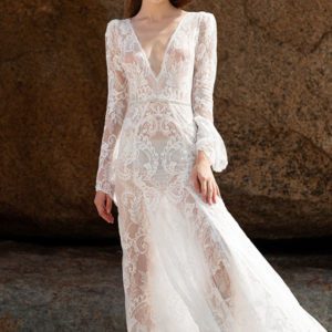 LaPremiere x Inbal Dror Beulah Wedding Dress - Sheath long sleeve lace dress with deep v neckline, open back and all-over tattoo Illusion. WA Version lined.