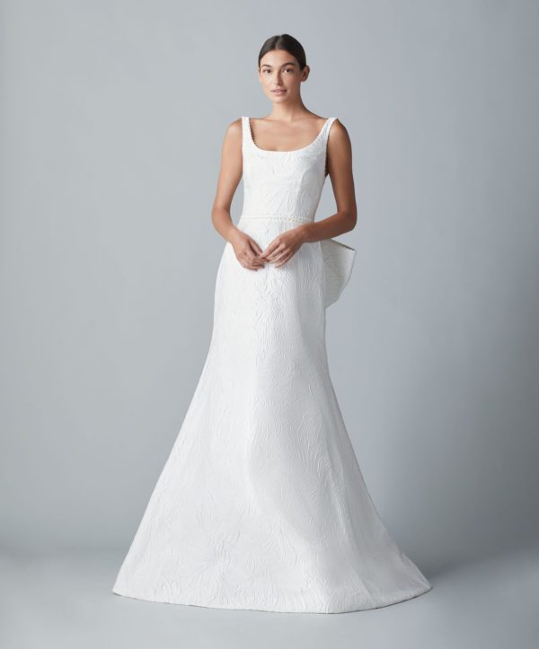 Allison Webb Claremont Wedding Dress - an Italian jacquard gown with a pearl trimmed modified scoop neckline in a fit and flare silhouette.