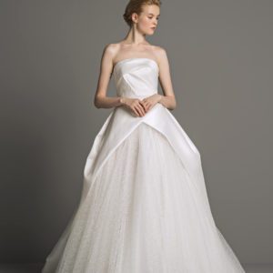 Peter Langner Marion Wedding Dress - Strapless silk Mikado ballgown featuring an embroidered tulle insert and bow detail in back.