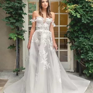Estee Couture Milly Wedding Dress - A Line style dress with V-plunging sweetheart neckline, corset bodice, off the shoulder straps, elegant train.