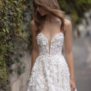 Birenzweig BR21-09 Ashley Wedding Dress - A line strapless style dress featuring a 3-D floral embroidery, and a deep v-sweetheart neckline.