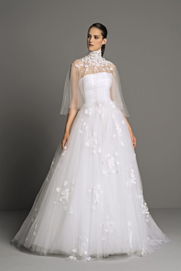 Peter Langner Nadine cape - High neckline 3D floral cape of tulle that creates a gorgeous bridal accessory to enhance the matching Nadine wedding dress