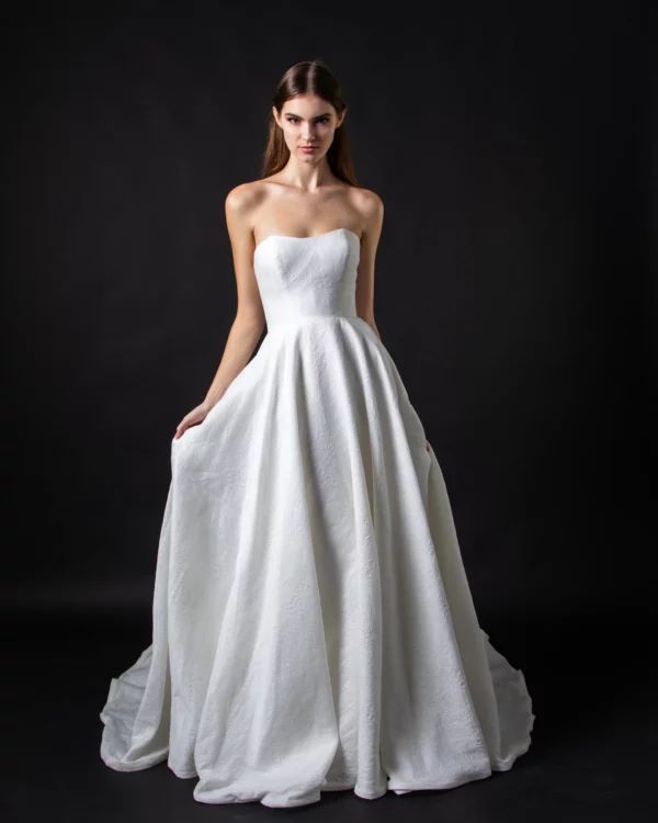 Tulle NY Michelle Wedding Dress - Strapless A-Line gown with a full skirt in silk cloque. Floral brocade pattern and modified sweetheart neckline.