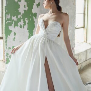 Lazaro Bacall 32206 Wedding Dress - Ballgown style dress with plunging deep v sweetheart neckline and ruched bodice with side slit and low back.