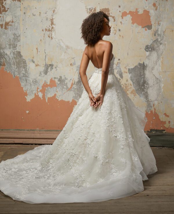 Lazaro Estelle 32209 Wedding Dress - Ballgown floral embroidered style dress with sweetheart neckline, 3D floral appliqué, asymmetrical layered skirt.