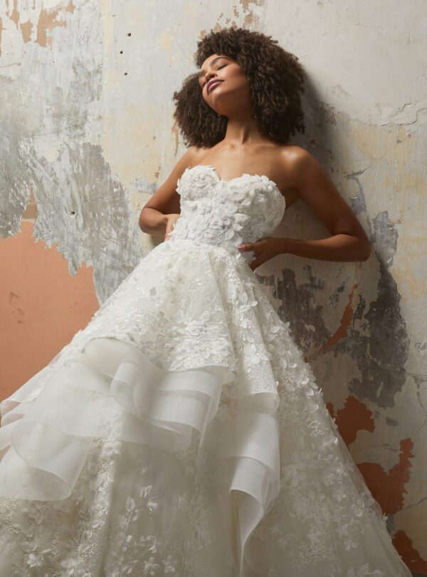 Lazaro Estelle 32209 Wedding Dress - Ballgown floral embroidered style dress with sweetheart neckline, 3D floral appliqué, asymmetrical layered skirt.