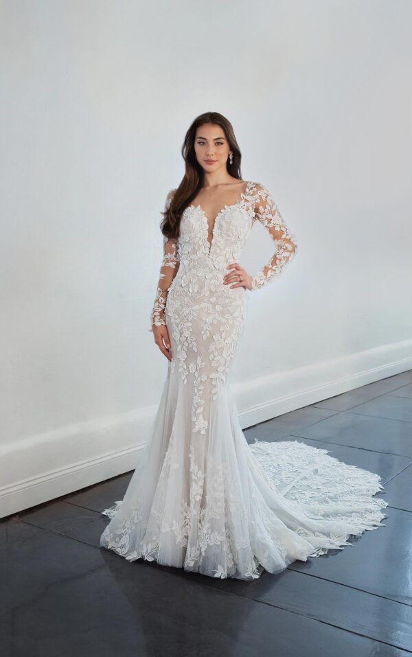 Martina Liana 1440 Wedding Dress — Sheath style dress with fitted lace long sleeves, deep plunge neckline, open back and 3d floral appliqué all over.