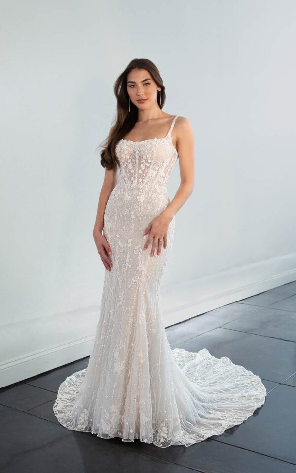 Martina Liana 1510 Wedding Dress - Fit and flare dress covered in 3D floral embellishments and beading strands, spaghetti straps, scoop neckline. Sheer bodice with boning tapers. 