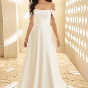 Paloma Blanca 5010 Wedding Dress - A Line strapless lightly draped Crêpe bodice with shallow scoop neckline and detachable draped Crêpe sleeves.