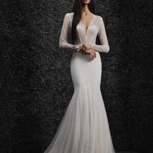 Vera Wang x Pronovias Monique Wedding Dress - All over Chantilly dress with long sleeves, mermaid skirt, and Illusion effect over the corset bodice.