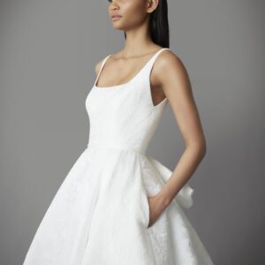 Allison Webb Palmer Wedding Dress - Snow Italian jacquard square neck ball gown with a natural waist and jacquard covered buttons to the end of the train.