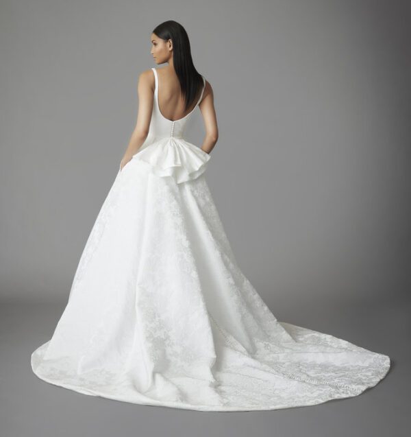 Allison Webb Palmer Wedding Dress - Snow Italian jacquard square neck ball gown with a natural waist and jacquard covered buttons to the end of the train.