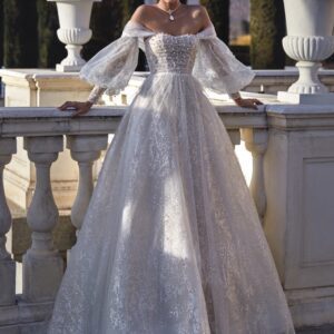 Pronovias Ginerva Wedding Dress - Ballgown with pleated bodice and pearl details, dropped shoulders, detachable sleeves and sweetheart neckline. 