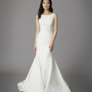 Allison Webb Phillipa Wedding Dress - Mikado trumpet gown with Chantilly lace appliqués, featuring a soft Sabrina neckline, scoop back and a detachable bow.