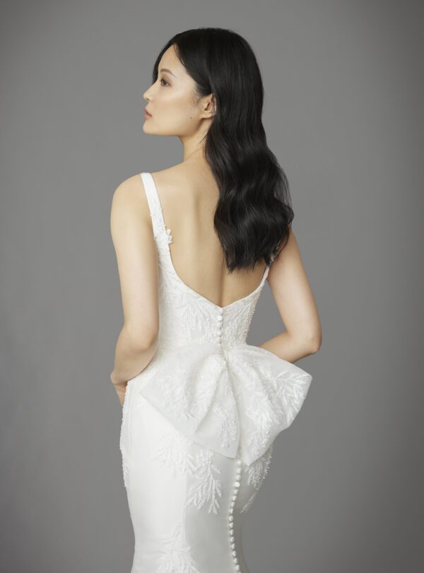 Allison Webb Phillipa Wedding Dress - Mikado trumpet gown with Chantilly lace appliqués, featuring a soft Sabrina neckline, scoop back and a detachable bow.