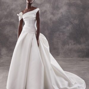 Peter Langner Ottavia Wedding Dress - A Line diagonal neckline, off the shoulder scoop neckline on back, fitted bodice, low waist and train.
