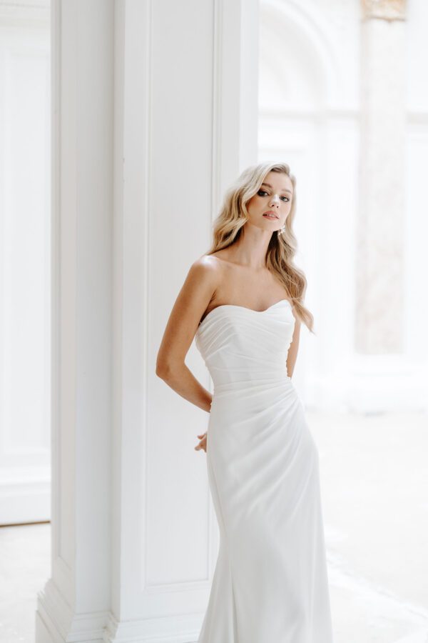 Suzanne neville Rosewood Wedding Dress - Fit to flare style dress with a fitted bodice, sweetheart neckline and draped detail with train. 