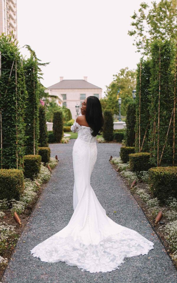 Martina Liana 1537 Wedding Dress - Sheath off the shoulder with long sleeves, sweetheart neckline, beaded bodice, and fitted skirt with covered buttons.
