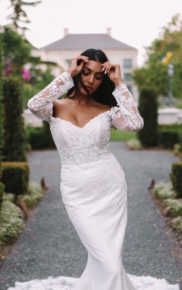 Martina Liana 1537 Wedding Dress - Sheath off the shoulder with long sleeves, sweetheart neckline, beaded bodice, and fitted skirt with covered buttons.