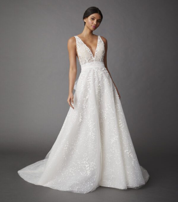 Allison Webb Lillia Wedding Dress - Sheer plunging V-neck A-line gown with delicate floral embellishments over sparkle dotted tulle and a tulle sash.