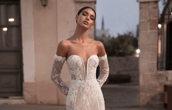 Birenzweig BRC23-17 Eden Wedding Dress - Fit and flare strapless corset adorned with exquisite floral pearls embellishments, deep sweetheart neckline and off the shoulder detachable embroidered lace sleeves.